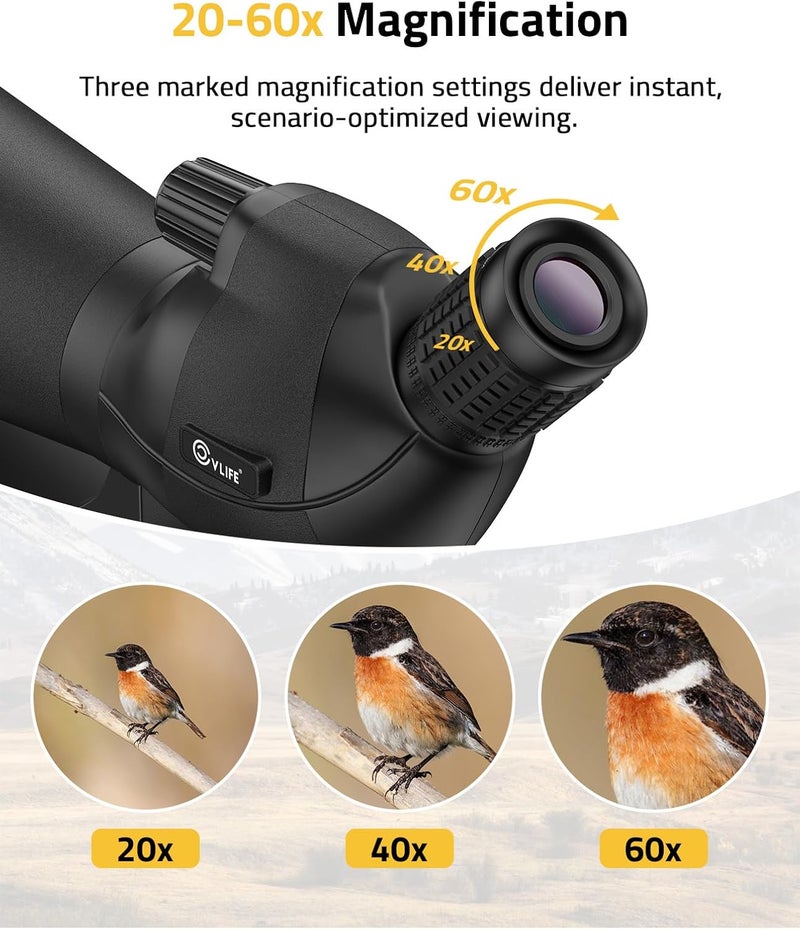 CVLIFE 20-60x80MM Spotting Scope, Spotting Scopes for Target Shooting, BAK4 HD Waterproof Spotter Scope for Birding and Wildlife with Tripod, Phone Adapter and Carrying Bag, Black - Image 2